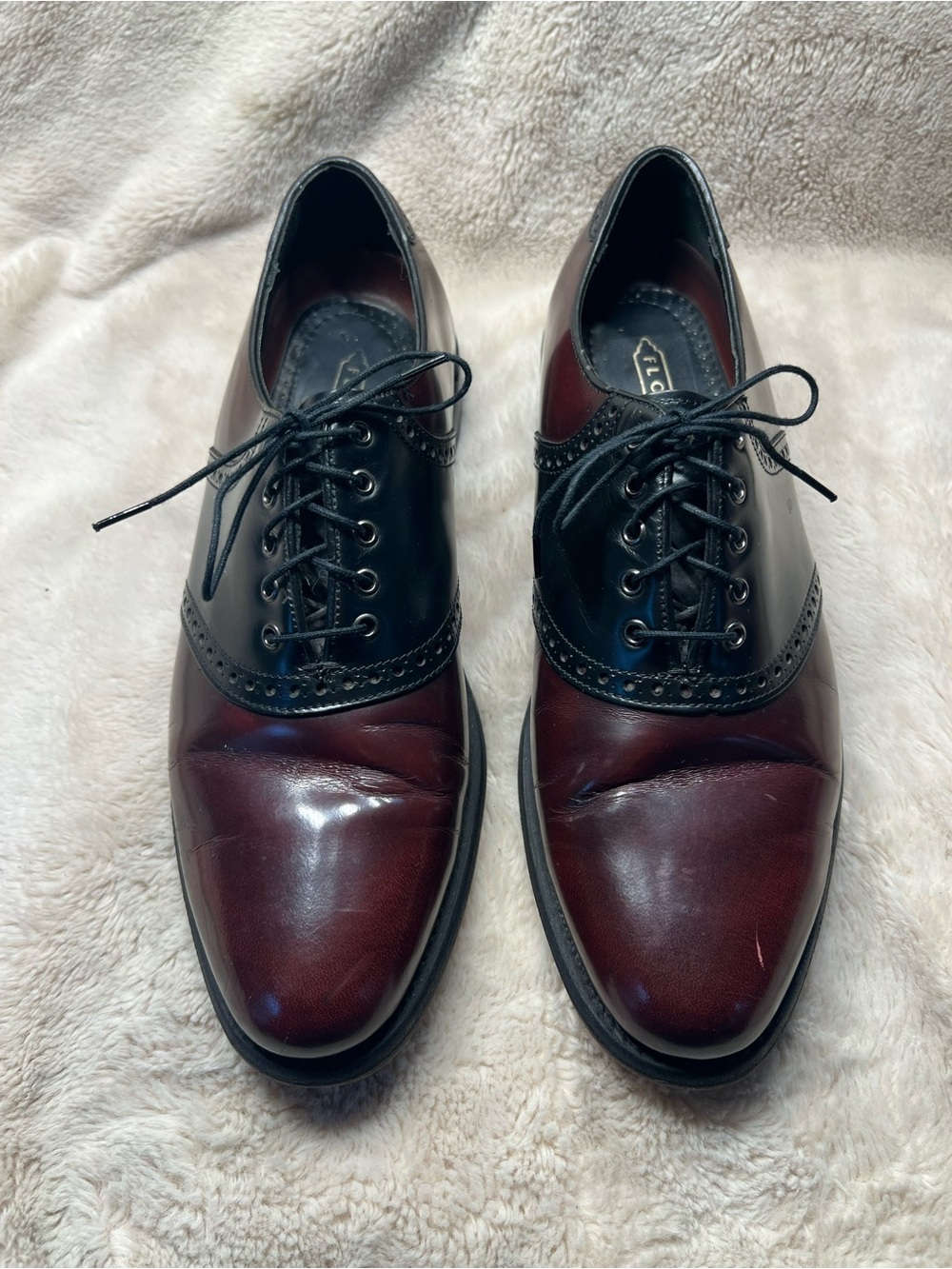Florsheim burgundy and black leather saddle oxford shoes size 9